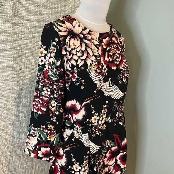 Nicole Miller Floral Crane Dress Black Print Romantic 6 With Pockets Unlined - Picture 3 of 9